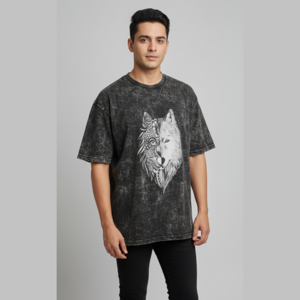 Wolf Doodle Acid Wash – Oversized Art Printed T-Shirt (Unisex)