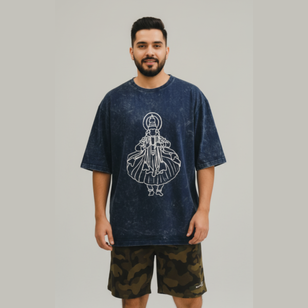 Kathakali Line Art Acid Wash – Oversized Art Printed T-Shirt (Unisex)