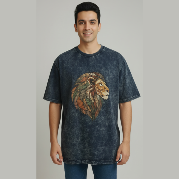 Lion Acid Wash – Oversized Art Printed T-Shirt (Unisex)