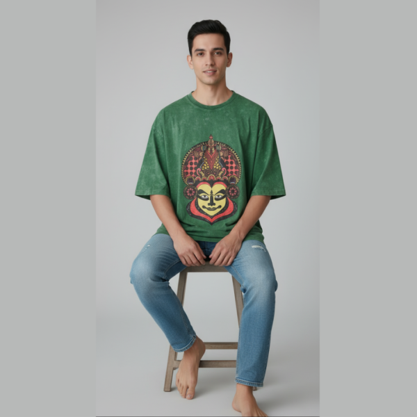 Kathakali Art Acid Wash – Oversized Art Printed T-Shirt (Unisex)